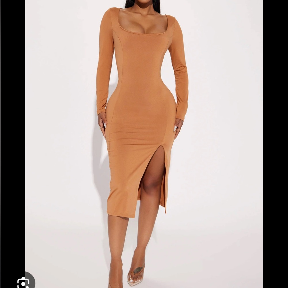 Fashion Nova Tan Long Sleeve Midi Dress